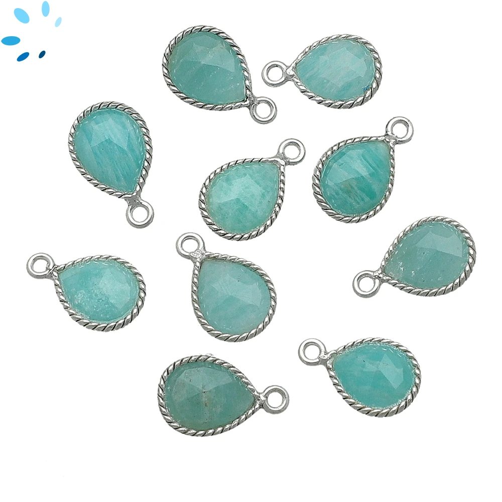 Amazonite Pear Twisted Wire Bezel Charm Pendant 10x9mm - Platinum Plated Sterling Silver - Set of 4