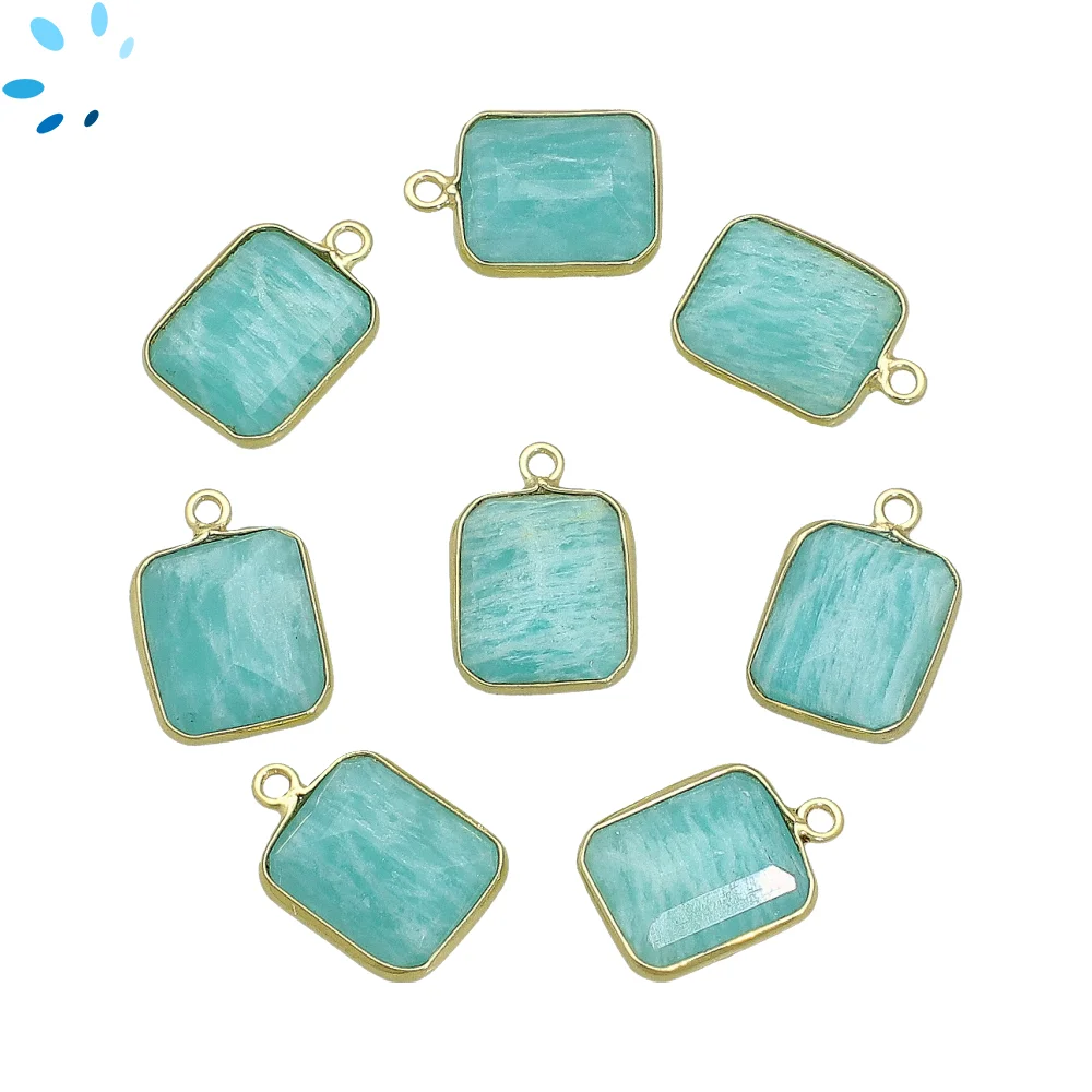 Amazonite Rectangle Bezel Pendant Charm 14x10mm - 18k Gold Plated Sterling Silver - Set of 4