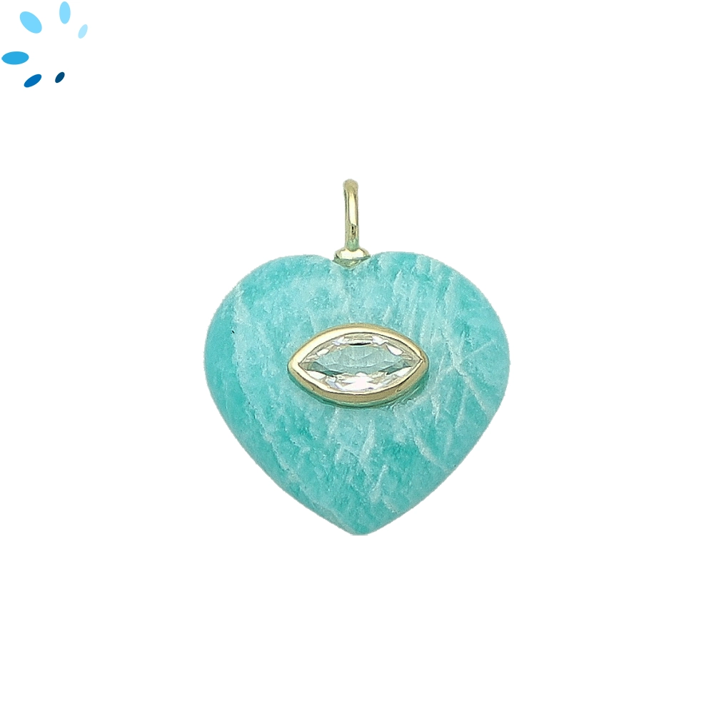 Amazonite & White Topaz Heart Inlay Pendant Charm 19mm - 18k Gold Plated Sterling Silver