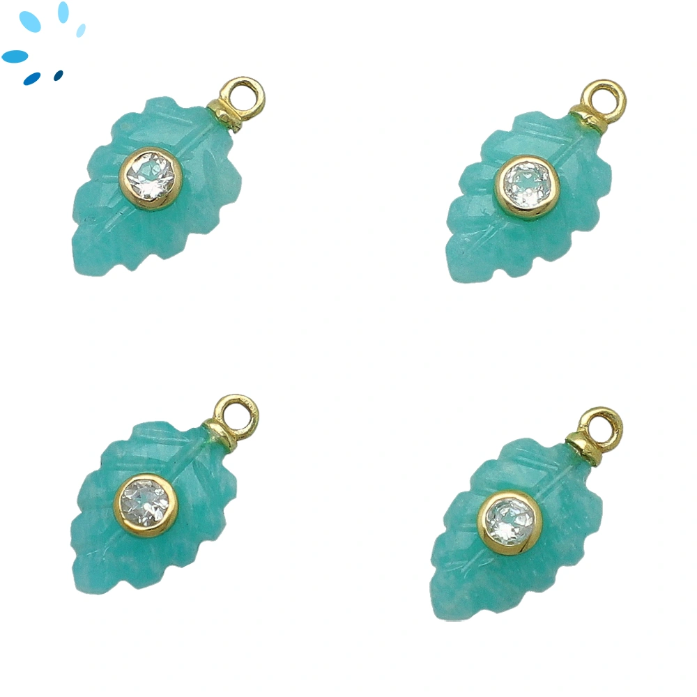 Amazonite & White Topaz Leaf Inlay Charm Pendant 13x9mm - 18k Gold Plated Sterling Silver - Set of 2