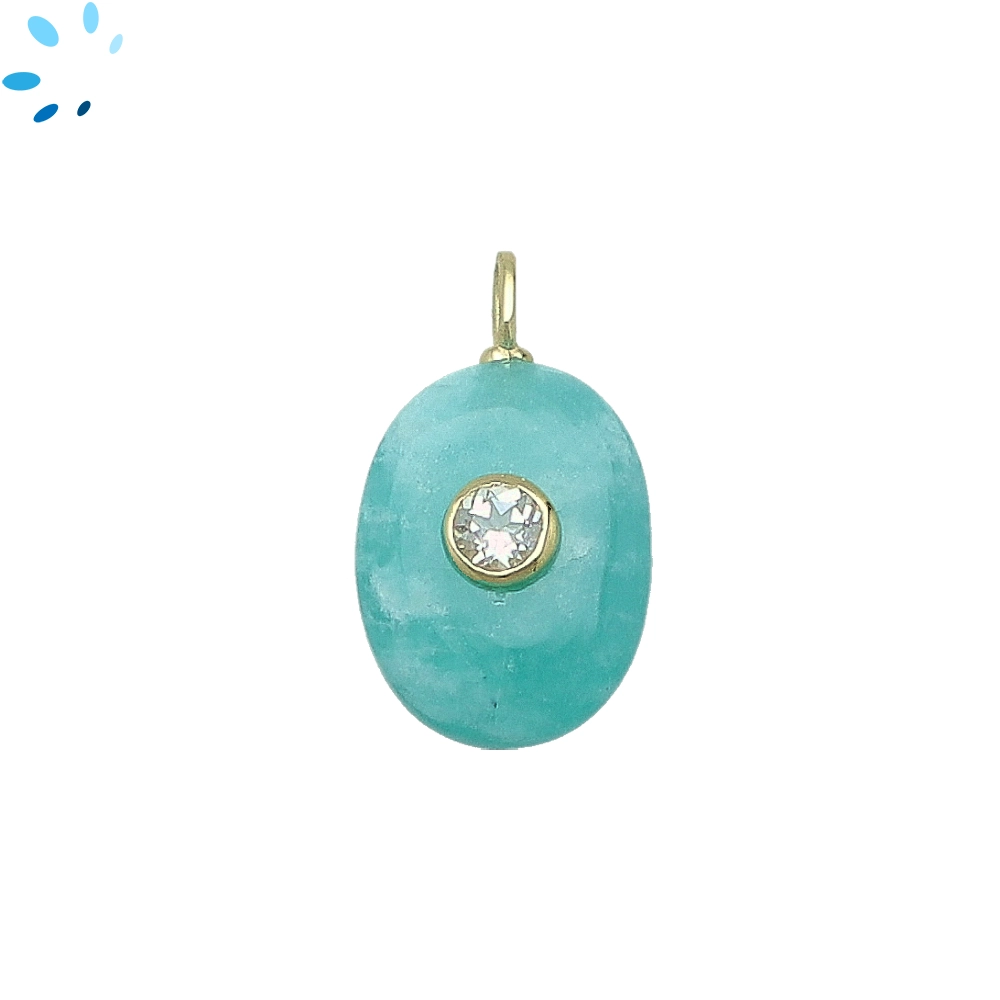 Amazonite & White Topaz Oval Inlay Charm Pendant 17x13mm - 18k Gold Plated Sterling Silver