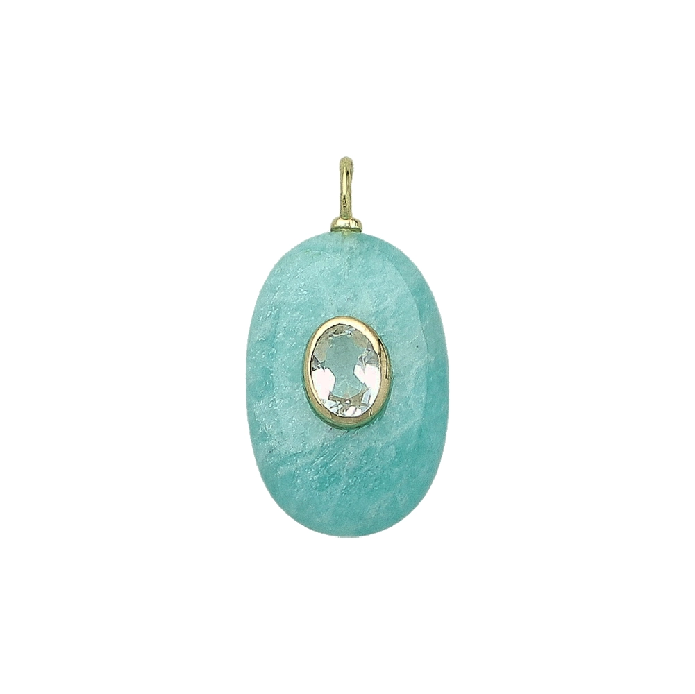 Amazonite & White Topaz Oval Inlay Pendant Charm 22x15mm - 18k Gold Plated Sterling Silver