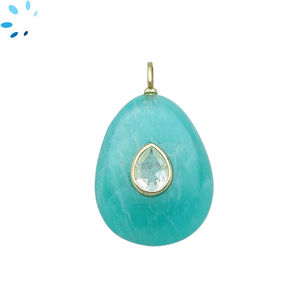 Amazonite & White Topaz Pear Inlay Pendant Charm 27x20mm - 18k Gold Plated Sterling Silver