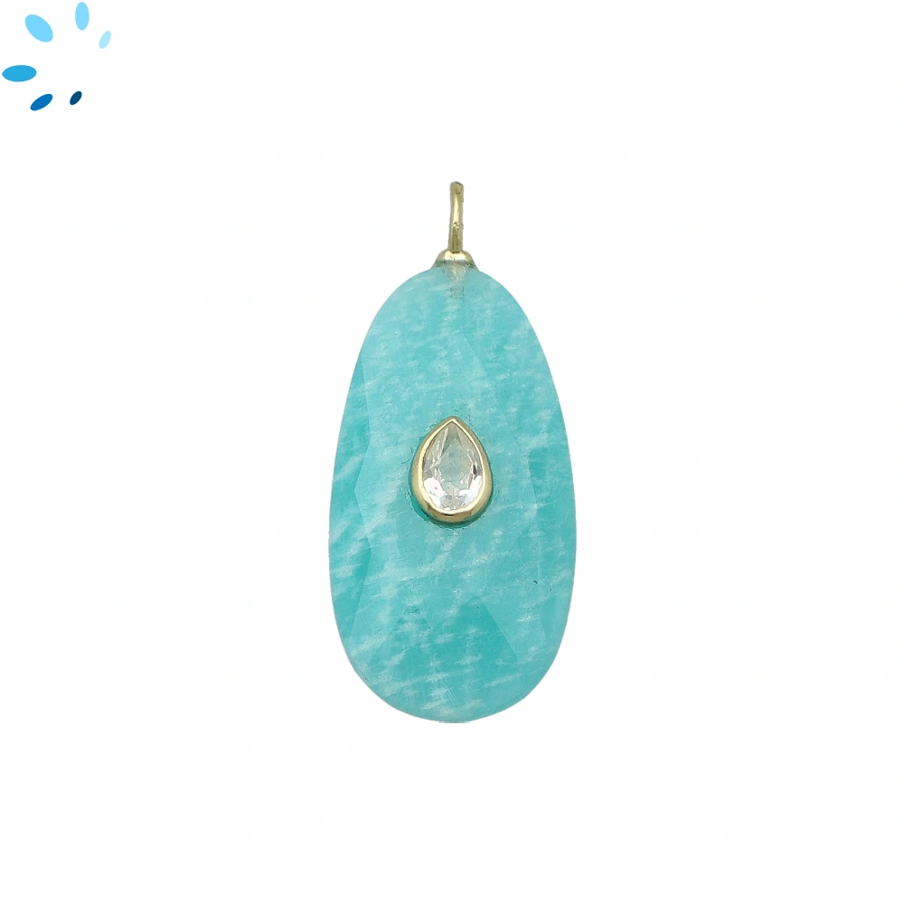 Amazonite & White Topaz Pear Inlay Pendant Charm mm - 18k Gold Plated Sterling Silver - 1 Piece
