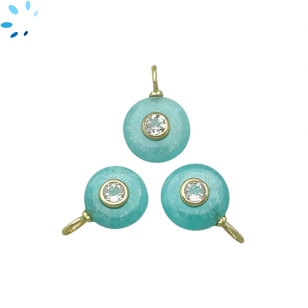 Amazonite & White Topaz Round Inlay Charm Pendant 12mm - 18k Gold Plated Sterling Silver - 1 Piece