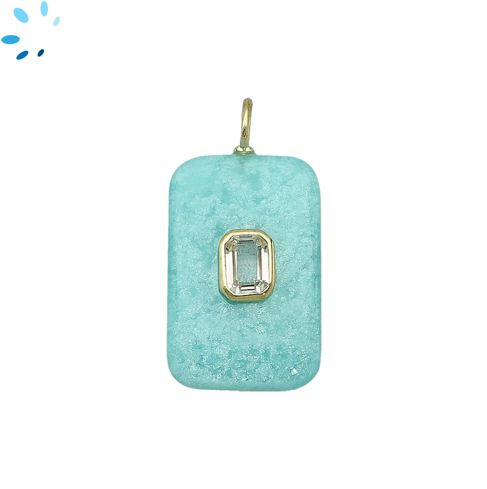 Amazonite & White Topaz Slab Rectangle Inlay Pendant Charm 28x18mm - 18k Gold Plated Sterling Silver 1 Piece