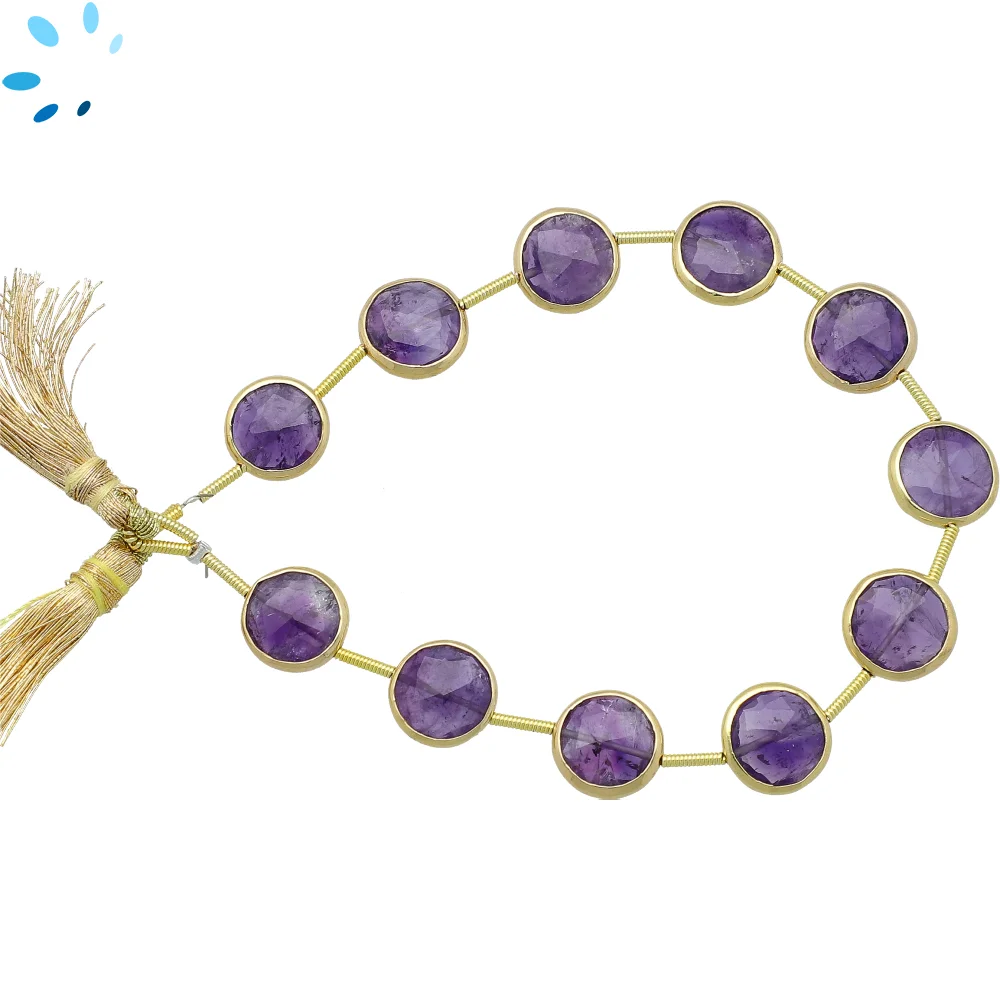 Amethyst Faceted Coin Bezel Set Beads 10mm Center Drilled - 18k Gold Plated Sterling Silver