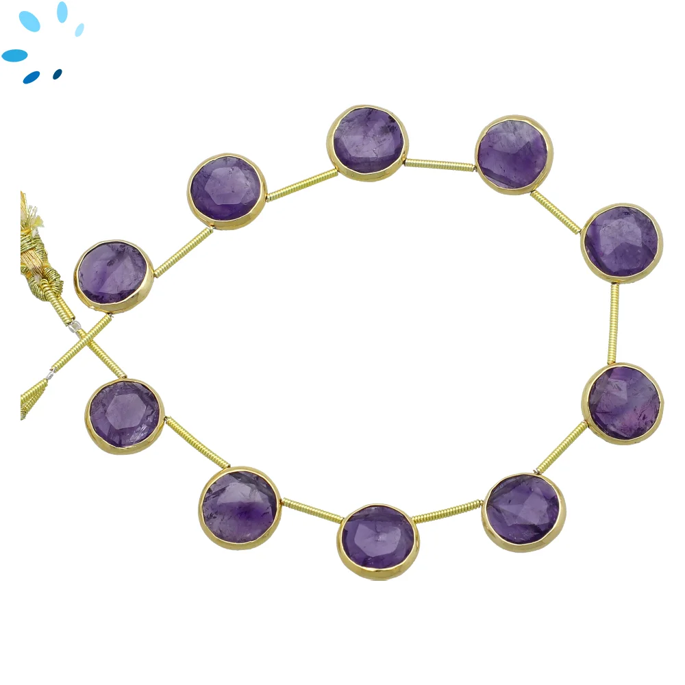 Amethyst Faceted Coin Bezel Set Beads 12mm Top Drilled - 18k Gold Plated Sterling Silver