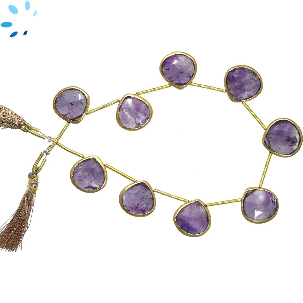 Amethyst Faceted Heart Bezel Set Beads 13mm Top Drilled - 18k Gold Plated Sterling Silver