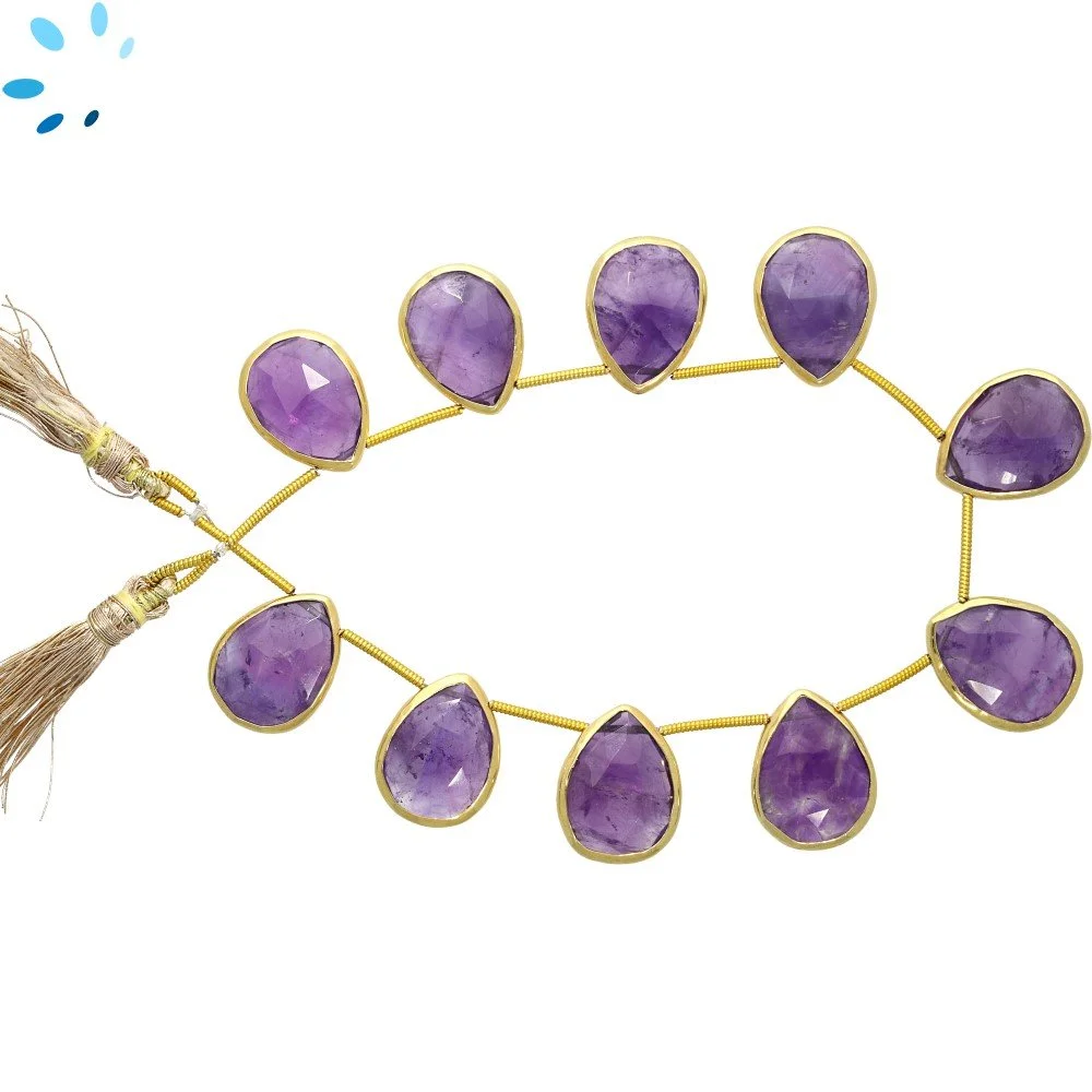 Amethyst Faceted Pear Bezel Set Beads 13x10 - 15x12mm Top Drilled - 18k Gold Plated Sterling Silver