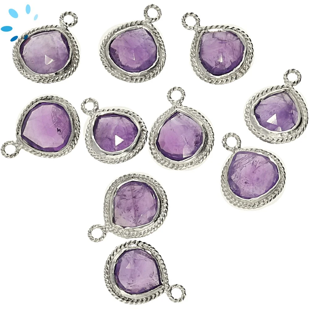 Amethyst Heart Twisted Wire Bezel Charm Pendant 10mm - Platinum Plated Sterling Silver - Set of 4
