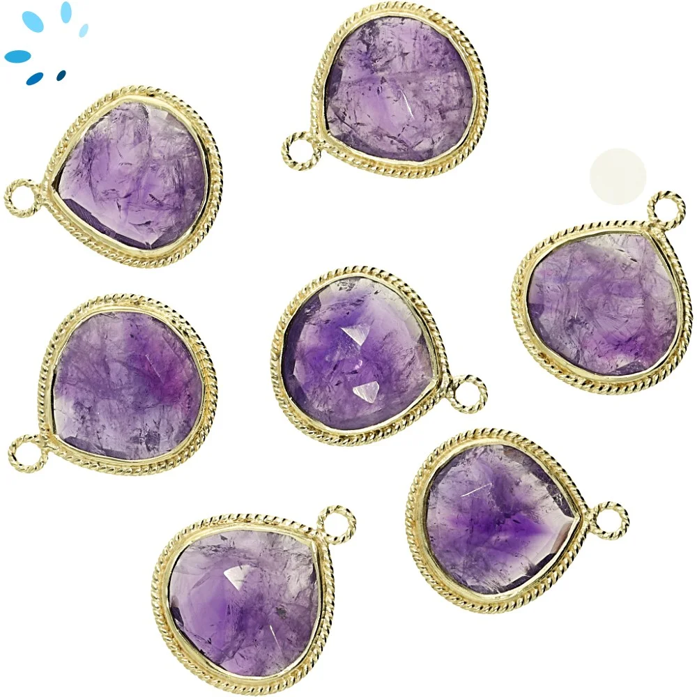 Amethyst Heart Twisted Wire Bezel Charm Pendant 18mm - 18k Gold Plated Sterling Silver - Set of 2