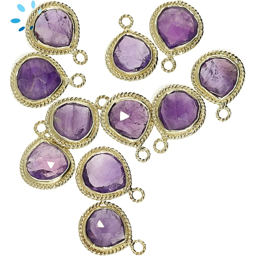 Amethyst Heart Twisted Wire Bezel Pendant Charm 10mm - 18k Gold Plated Sterling Silver - Set of 4