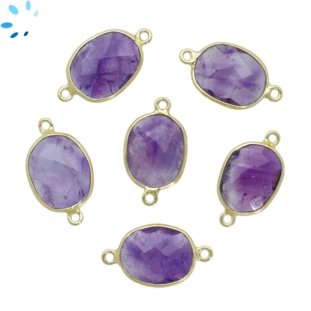 Amethyst Oval Bezel Connector 15x12mm - 18k Gold Plated Sterling Silver - Set of 4