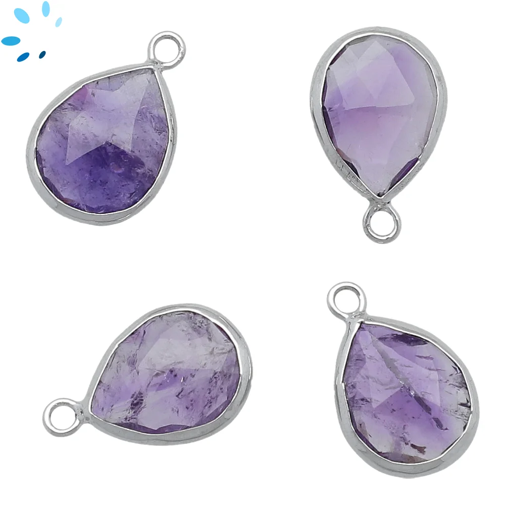 Amethyst Pear Bezel Pendant Charm 15x12mm - Platinum Plated Sterling Silver - Set of 4