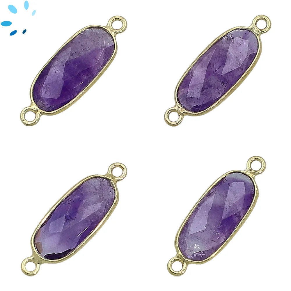 Amethyst Rectangle Bezel Connector 16x7 - 18x8mm - 18k Gold Plated Sterling Silver - Set of 4