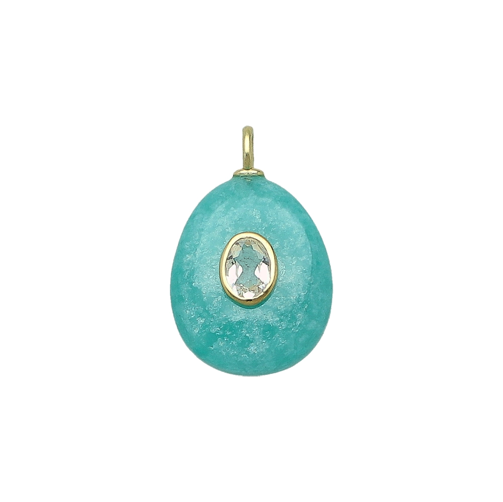 Amzonite & White Topaz Pear Inlay Pendant Charm 22x18mm - 18k Gold Plated Sterling Silver