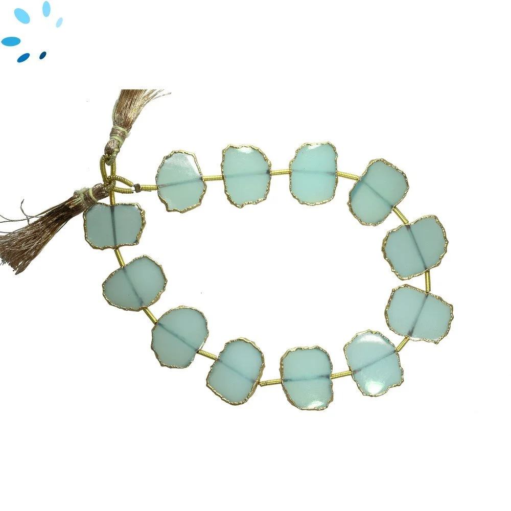 Aqua Chalcedony Center Drilled Slice Beads 15x11 - 17x13mm - 18k Gold Electroplated