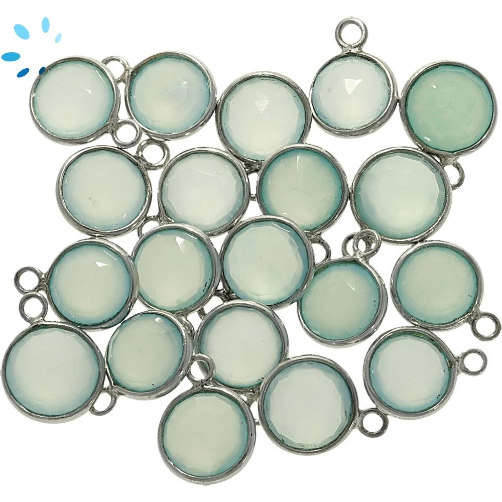 Aqua Chalcedony Coin Bezel Charm Pendant 8mm - Platinum Plated Sterling Silver - Set of 4