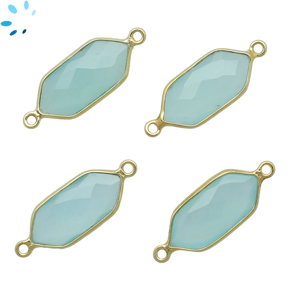 Aqua Chalcedony Elongated Hexagon Bezel Connector 16x7 - 18x8mm - 18k Gold Plated Sterling Silver - Set of 4