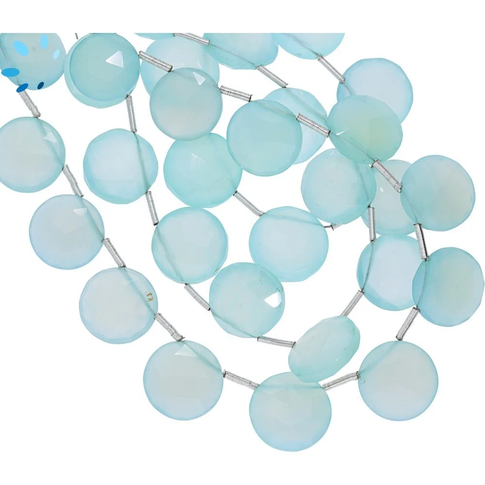 Aqua Chalcedony Faceted Coin Top Drilled Beads 12mm - 8 Inch Strand
