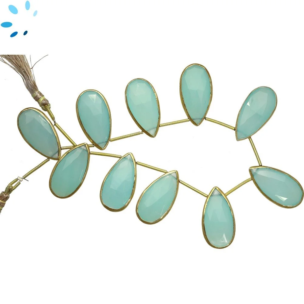 Aqua Chalcedony Faceted Pear Bezel Set Beads 24x12 - 28x14mm Top Drilled - 18k Gold Plated Sterling Silver