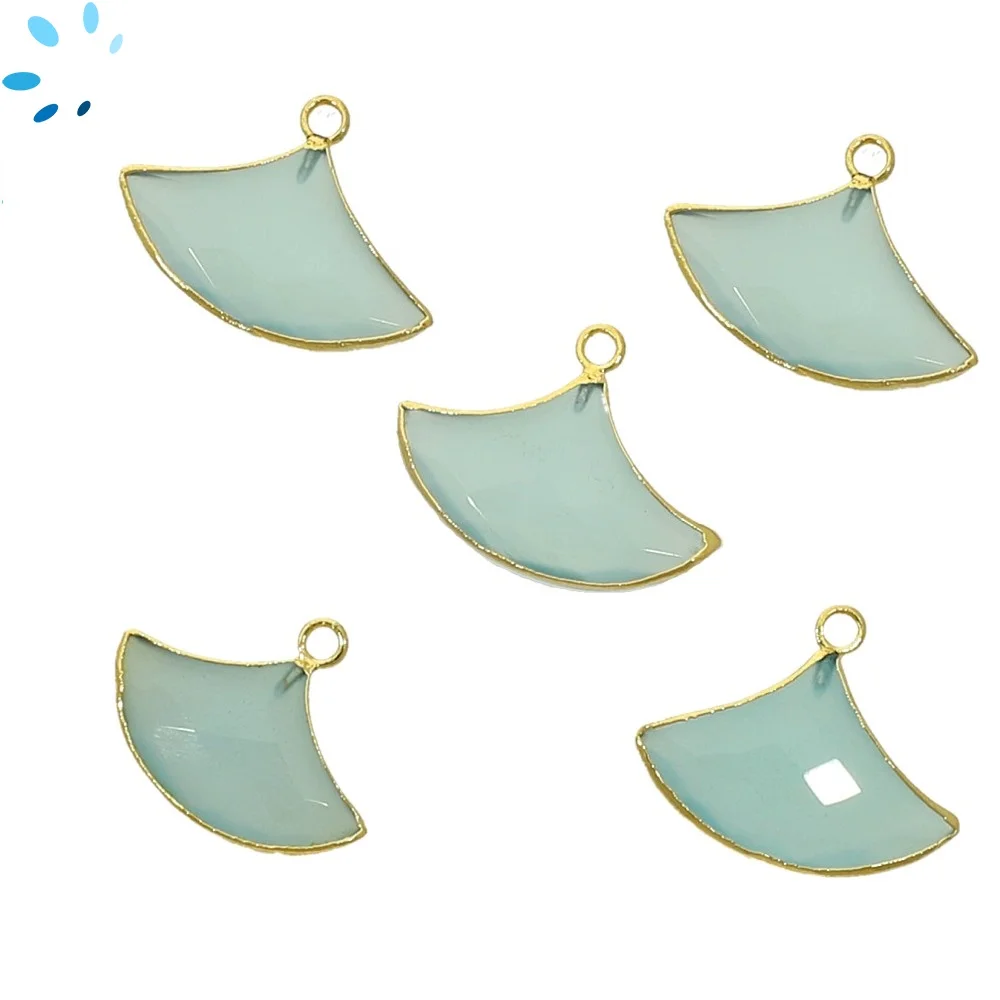 Aqua Chalcedony Fan Charm Pendant 15x10 - 18x12mm 18k Gold Electroplated -  Set of 2