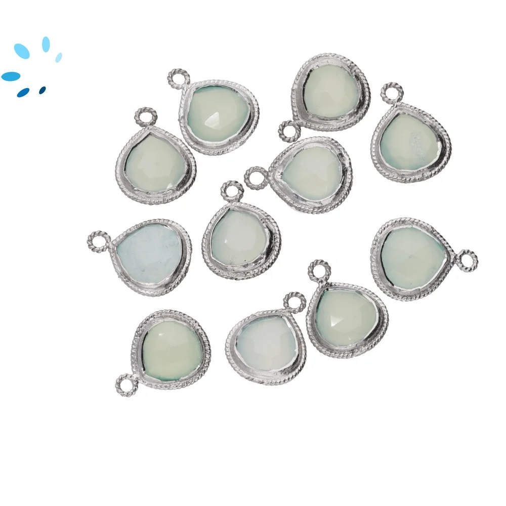 Aqua Chalcedony Heart Twisted Wire Bezel Charm Pendant 10mm - Platinum Plated Sterling Silver - Set of 4