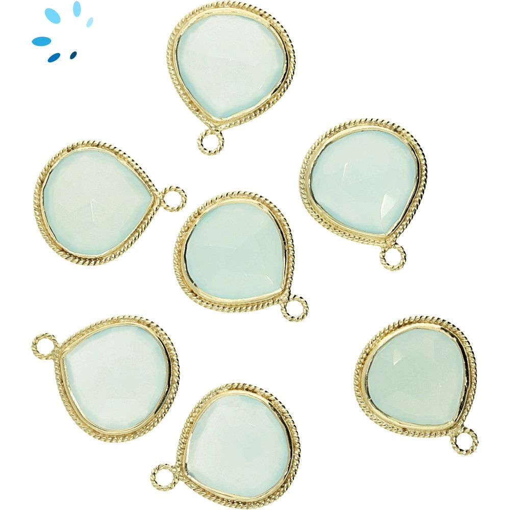 Aqua Chalcedony Heart Twisted Wire Bezel Pendant Charm 18mm - 18k Gold Plated Sterling Silver - Set of 2