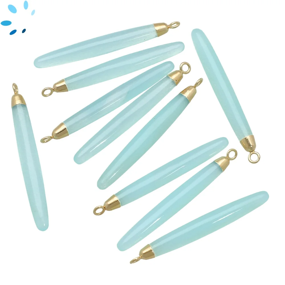 Aqua Chalcedony Long Drop Pendant Charm 39x6 - 41x6mm 18k Gold Electroplated - Set of 2