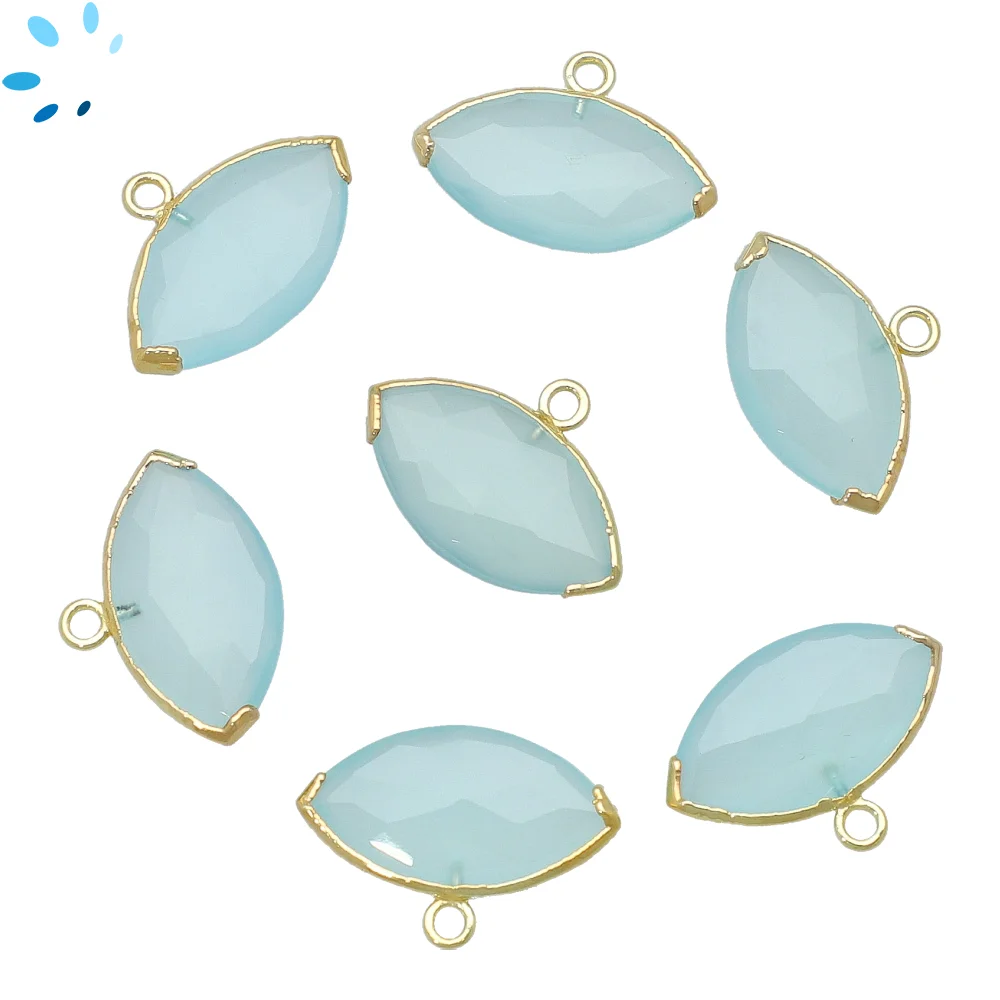 Aqua Chalcedony Marquise Charm Pendant 20x11mm 18k Gold Electroplated - Set of 2