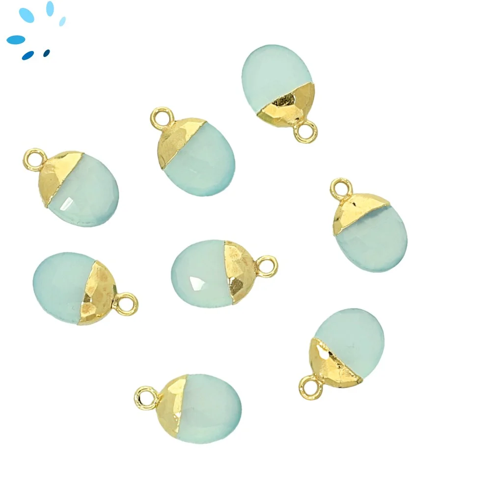 Aqua Chalcedony Oval Pendant Charm 10x8 - 12x9mm 18k Gold Electroplated - Set of 4