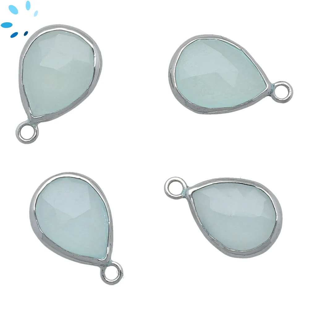 Aqua Chalcedony Pear Bezel Pendant Charm 15x12mm - Platinum Plated Sterling Silver - Set of 4