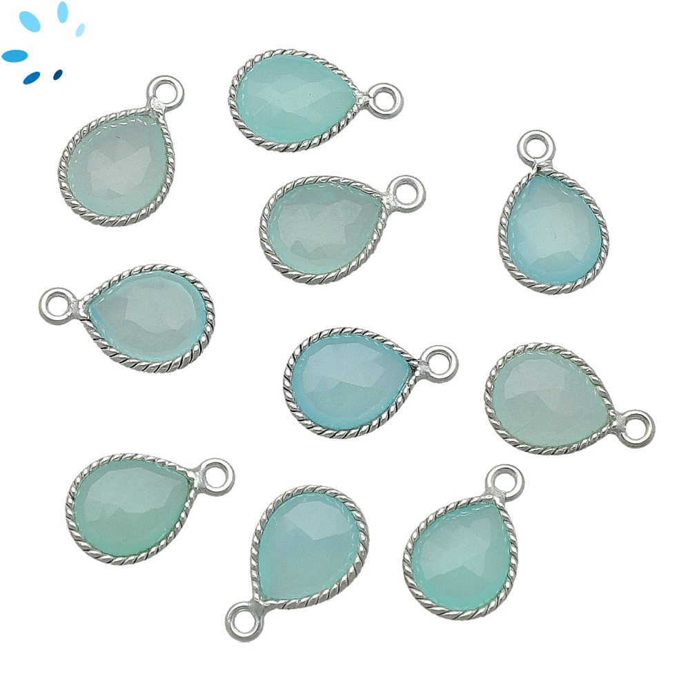 Aqua Chalcedony Pear Twisted Wire Bezel Charm Pendant 10x9mm - Platinum Plated Sterling Silver - Set of 4