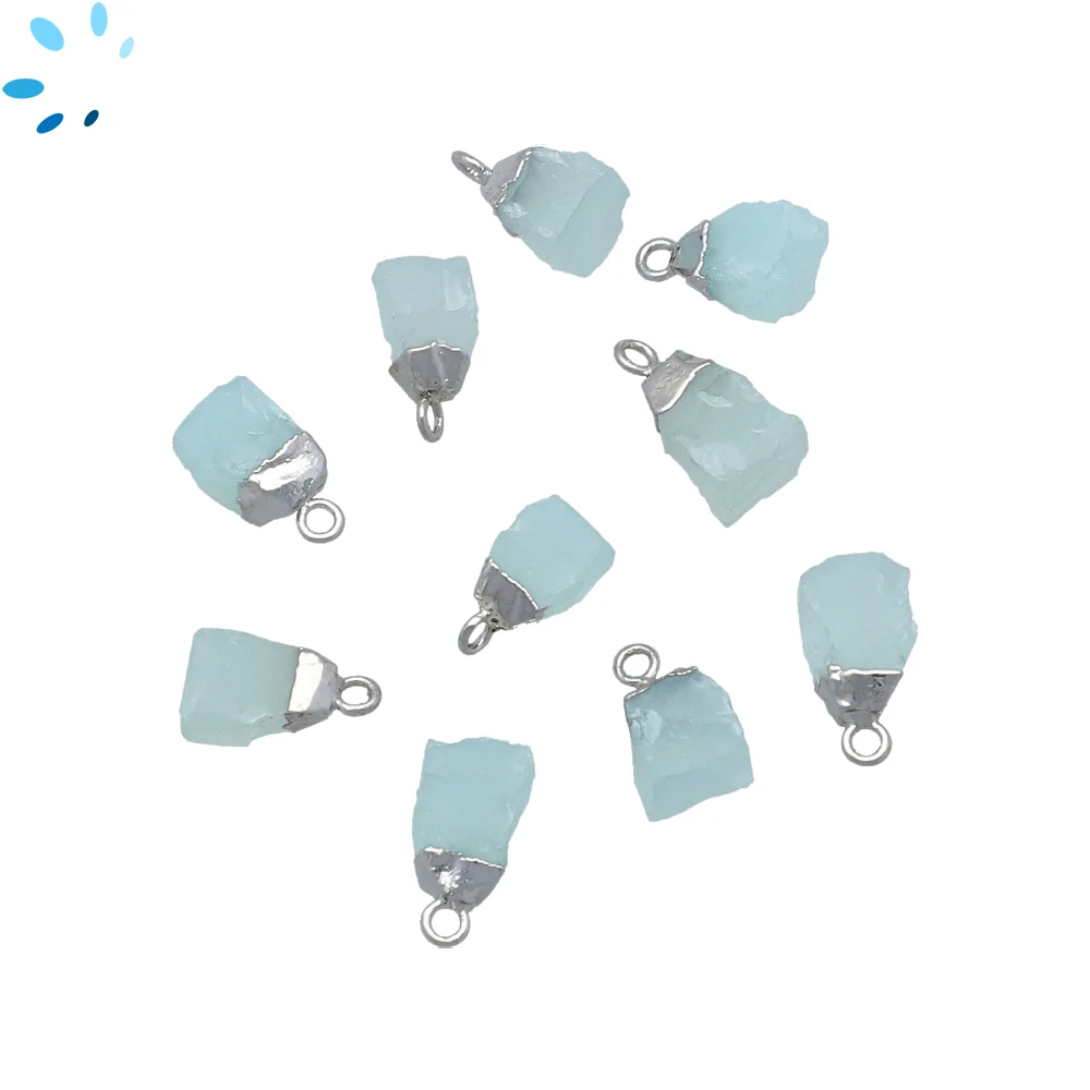 Aqua Chalcedony Rough Charm Pendant 8x5 - 10x7mm Silver Electroplated - Set of 4