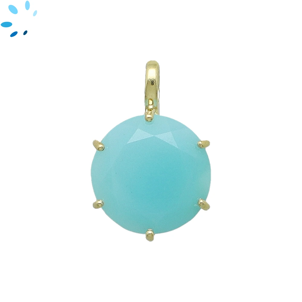 Aqua Chalcedony Round Prong-Set Pendant Charm 15mm - 18k Gold Plated Sterling Silver - 1 Piece