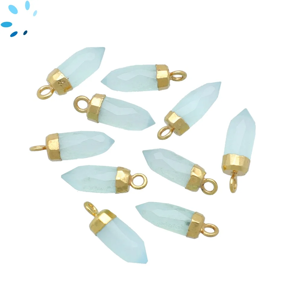 Aqua Chalcedony Spike Charm Pendant 13x5mm 18k Gold Electroplated - Set of 4