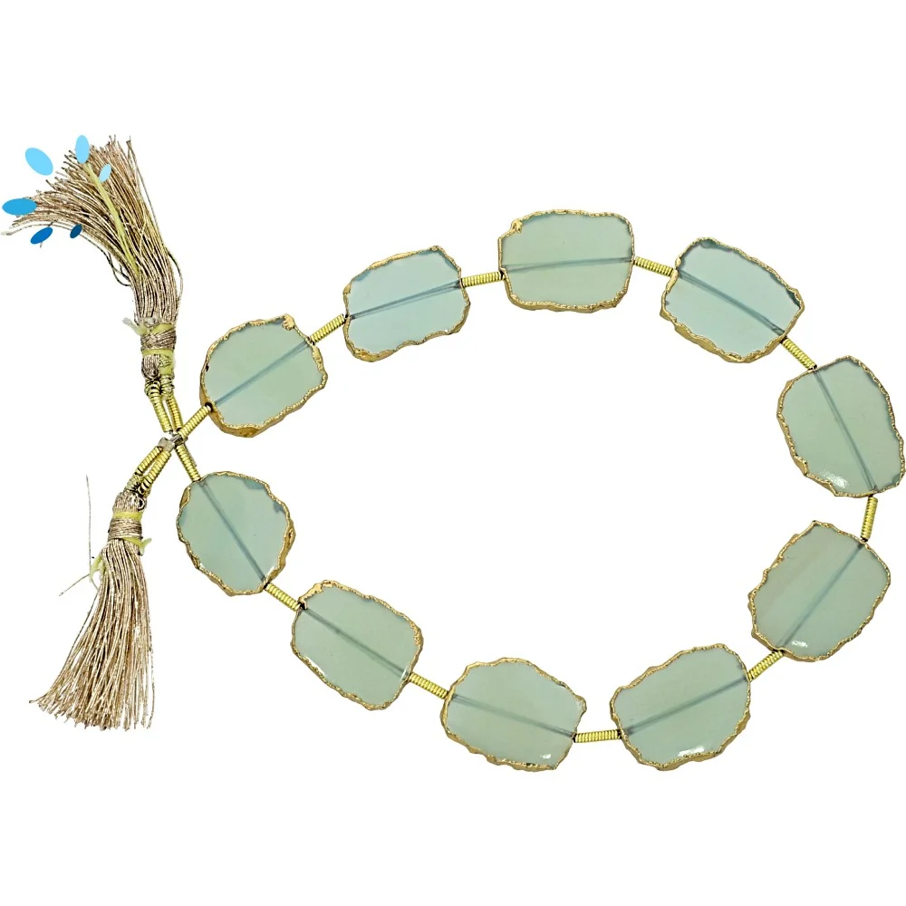 Aqua Chalcedony Top to Bottom Drilled Slice Beads 14x10 - 16x12mm - 18k Gold Electroplated