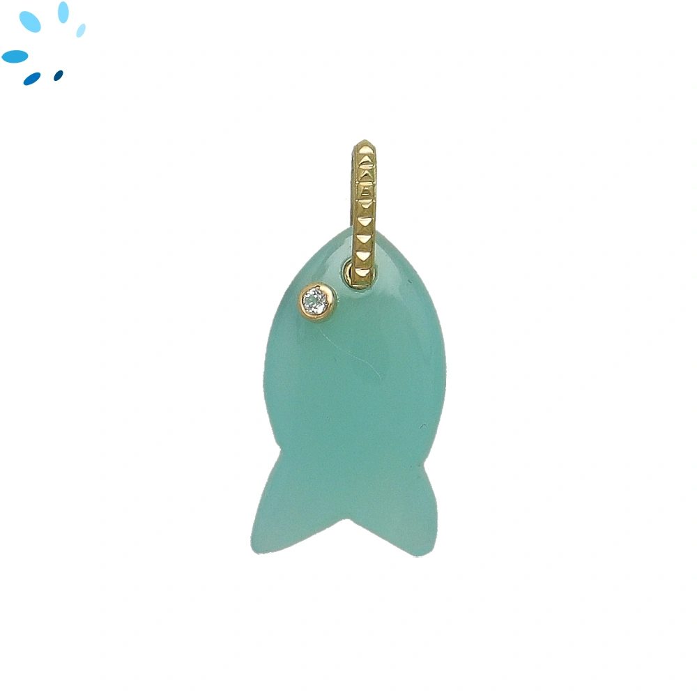 Aqua Chalcedony & White Topaz Vertical Chunky Fish Inlay Pendant Charm 25x14mm - 18k Gold Plated Sterling Silver - 1 Piece