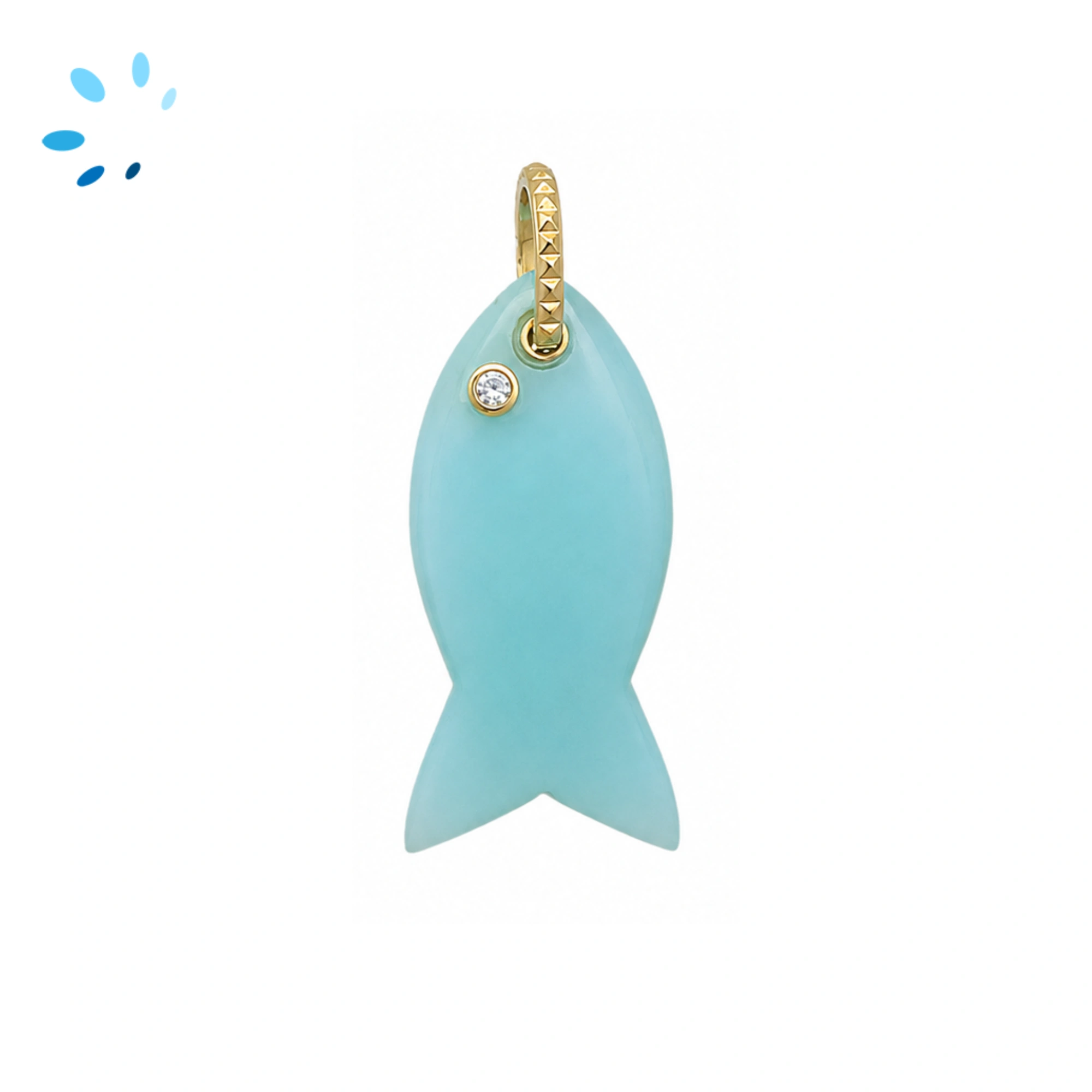 Aqua Chalcedony & White Topaz Vertical Chunky Fish Inlay Pendant Charm 32x15mm - 18k Gold Plated Sterling Silver 1 Piece
