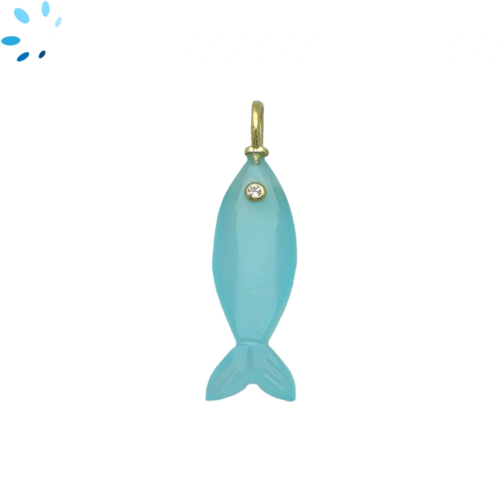 Aqua Chalcedony & White Topaz Vertical Elongated Fish Inlay Charm Pendant 25x9mm - 18k Gold Plated Sterling Silver - 1 Piece