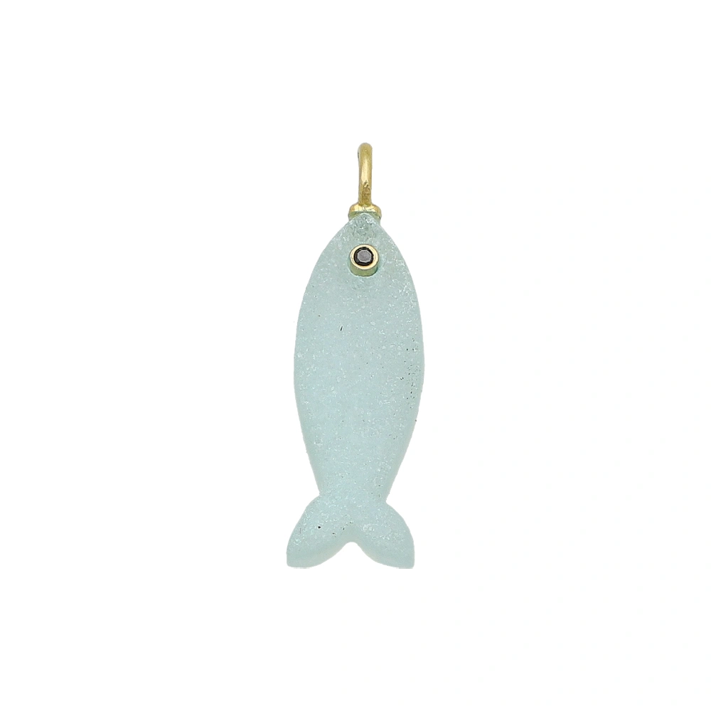 Aqua Druzy & Black Spinel Vertical Elongated Fish Inlay Pendant Charm 25x9mm - 18k Gold Plated Sterling Silver