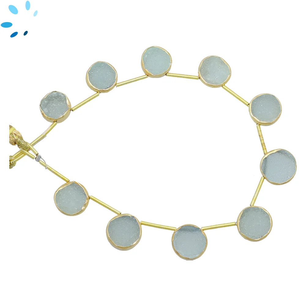 Aqua Druzy Coin Bezel Set Beads 10mm Top Drilled - 18k Gold Plated Sterling Silver