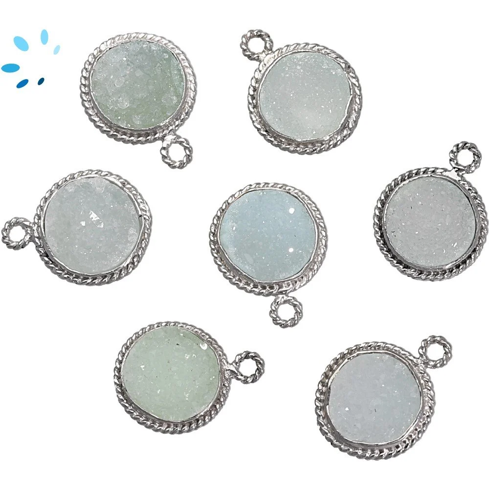 Aqua Druzy Coin Twisted Wire Bezel Charm Pendant 10mm - Platinum Plated Sterling Silver - Set of 4
