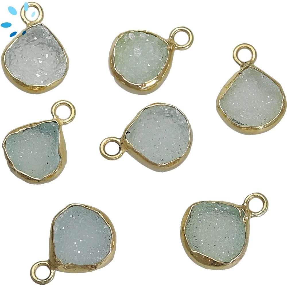 Aqua Druzy Heart Bezel Charm Pendant 8x8 - 10x10mm - 18k Gold Plated Sterling Silver - Set of 4