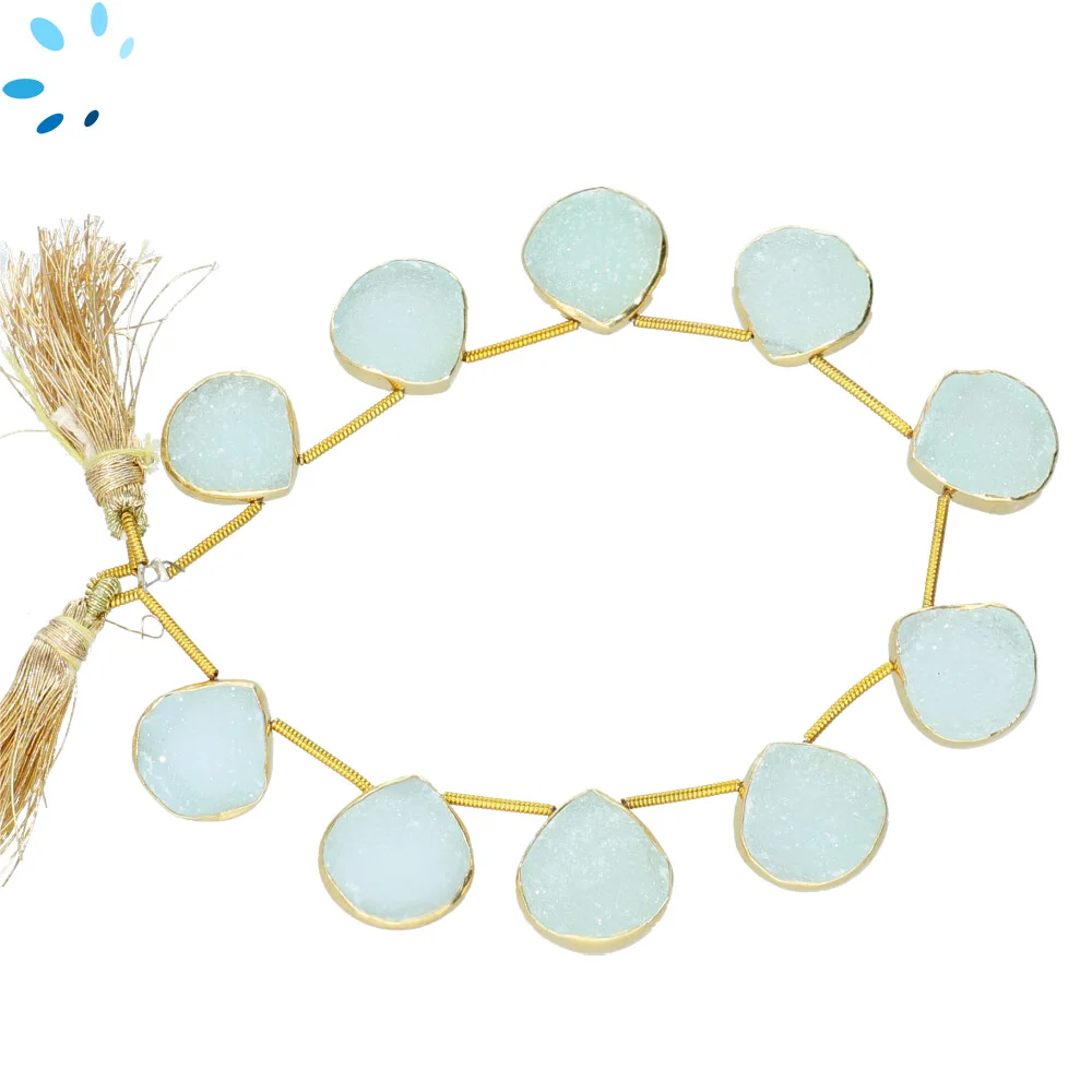 Aqua Druzy Heart Bezel Set Beads 10mm Top Drilled - 18k Gold Plated Sterling Silver
