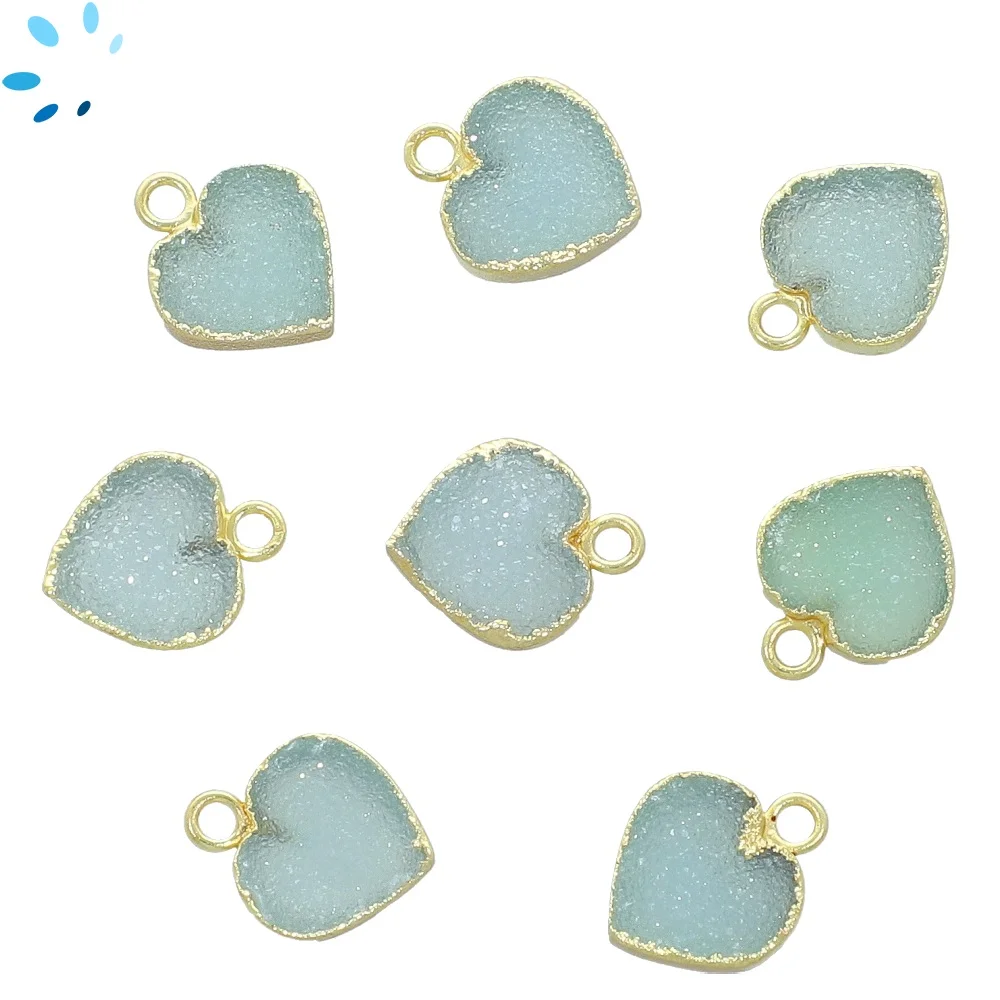 Aqua Druzy Heart Charm Pendant 10mm 18k Gold Electroplated - Set of 4