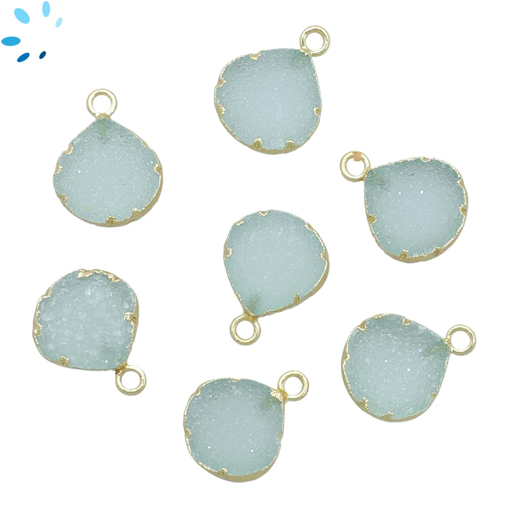 Aqua Druzy Heart Pendant Charm 11mm 18k Gold Electroplated - Set of 4