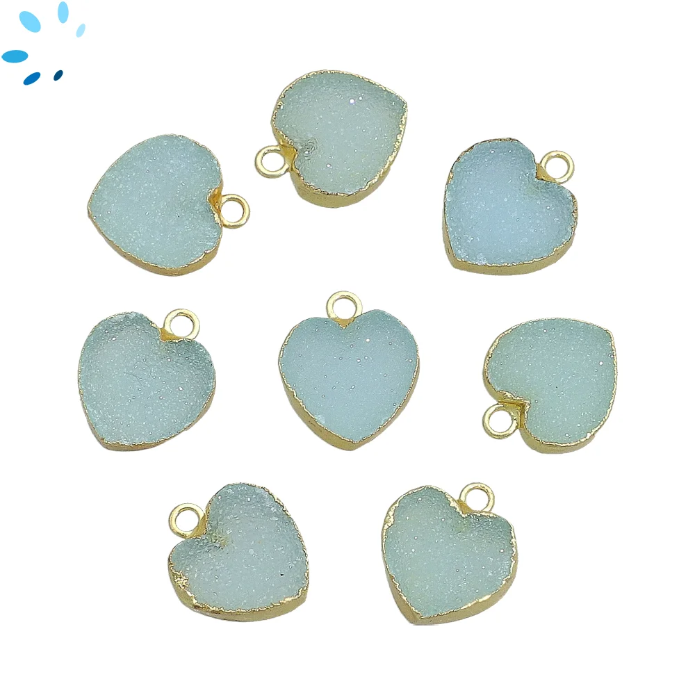 Aqua Druzy Heart Pendant Charm 12mm 18k Gold Electroplated - Set of 4