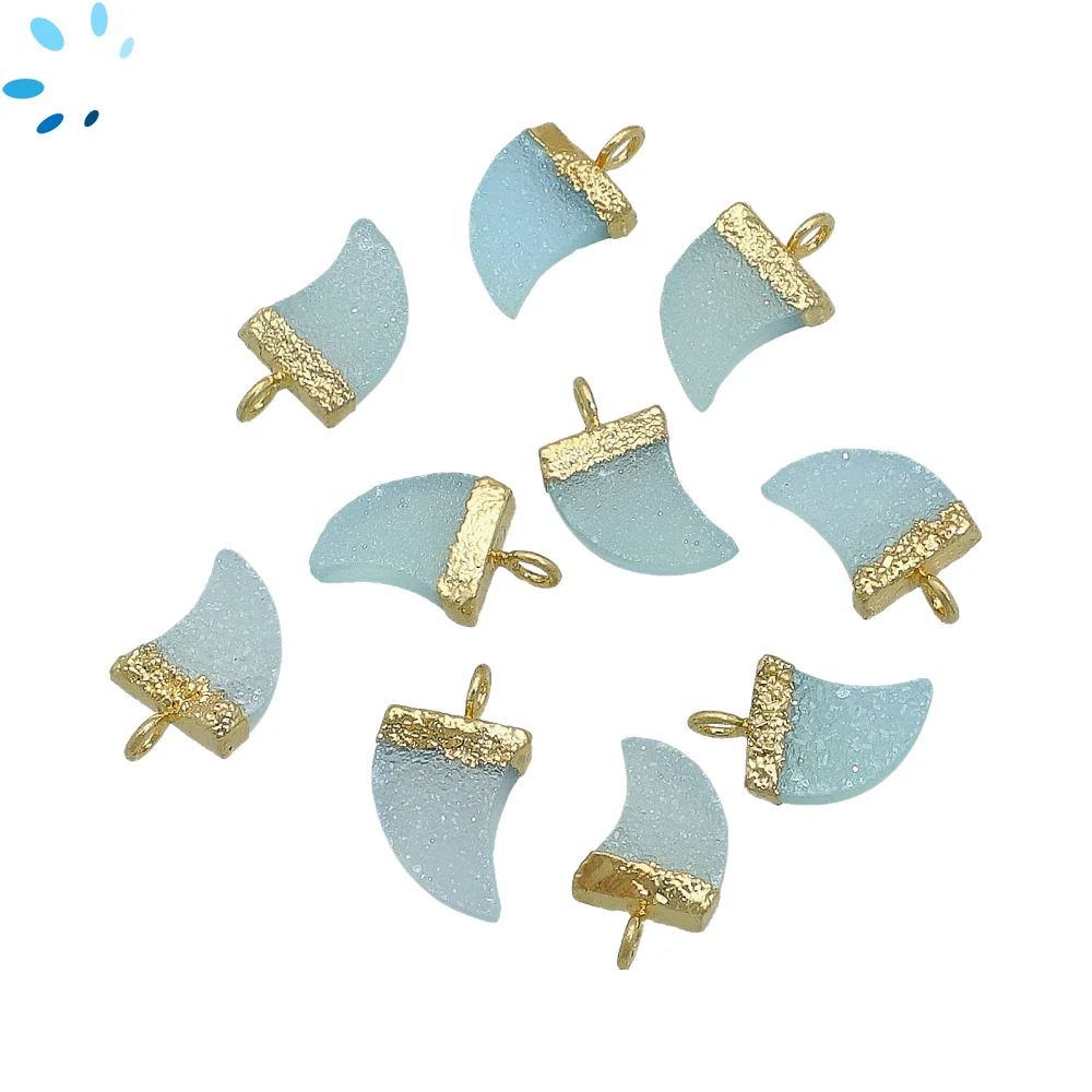 Aqua Druzy Horn Charm Pendant 10x9mm 18k Gold Electroplated - Set of 4